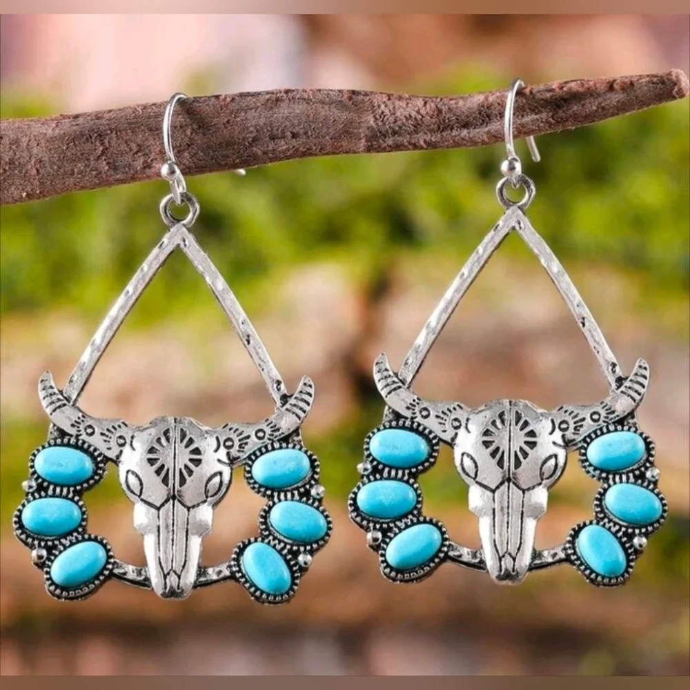 Turquoise and Silver Bull Skull Earrings